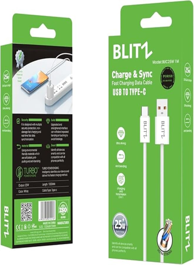 BLITZ BUC25W USB to Type-C Cable 1M, Braided Sheath, High-Speed Data Transfer and Quick Charge, Durable for Smartphones and Tablets - White